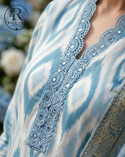 Elegant Sky Blue Printed Unstitched Lawn 3 Piece Suit with Embroidered Neckline &amp; Printed Dupatta | Premium Pakistani Summer Collection