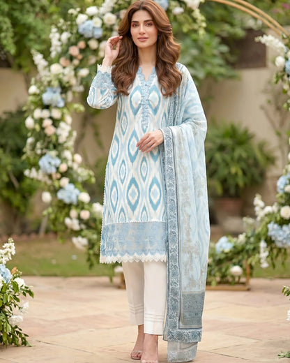 Elegant Sky Blue Printed Unstitched Lawn 3 Piece Suit with Embroidered Neckline &amp; Printed Dupatta | Premium Pakistani Summer Collection