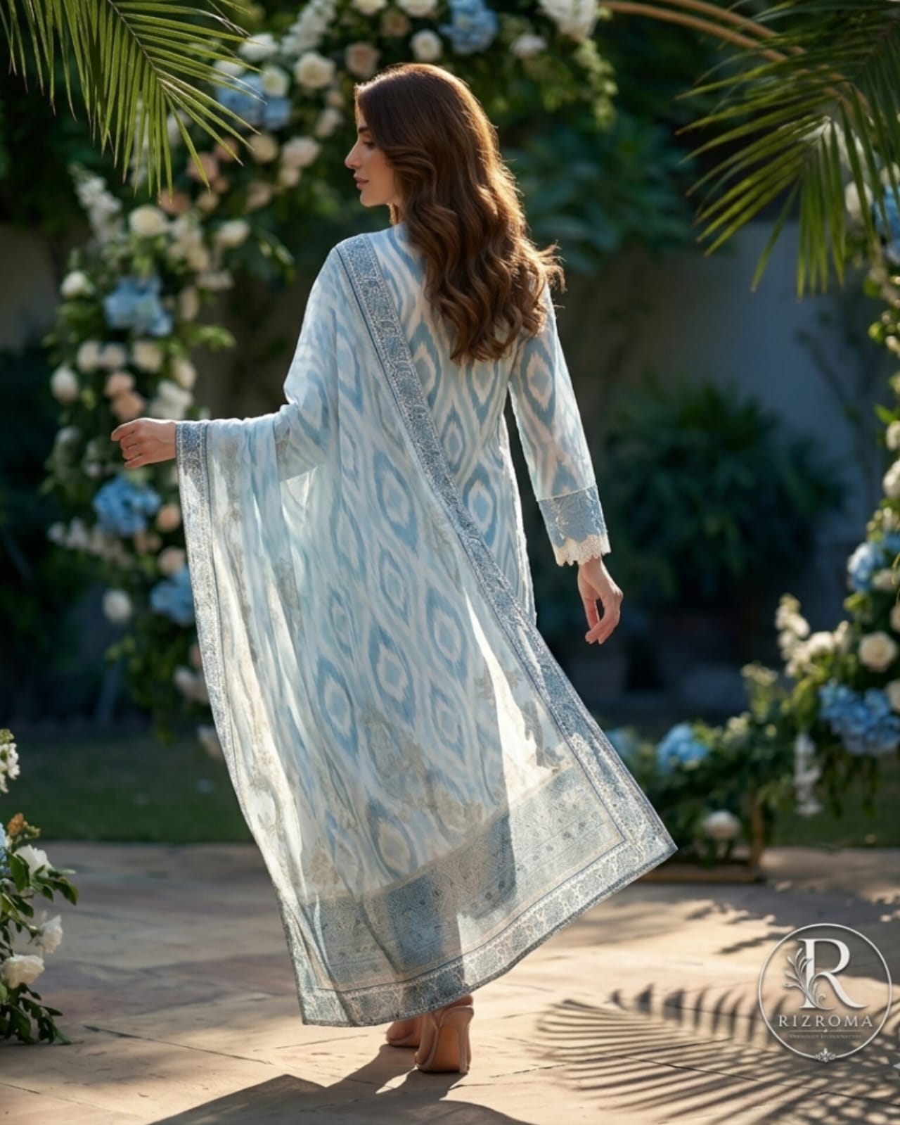 Elegant Sky Blue Printed Unstitched Lawn 3 Piece Suit with Embroidered Neckline &amp; Printed Dupatta | Premium Pakistani Summer Collection
