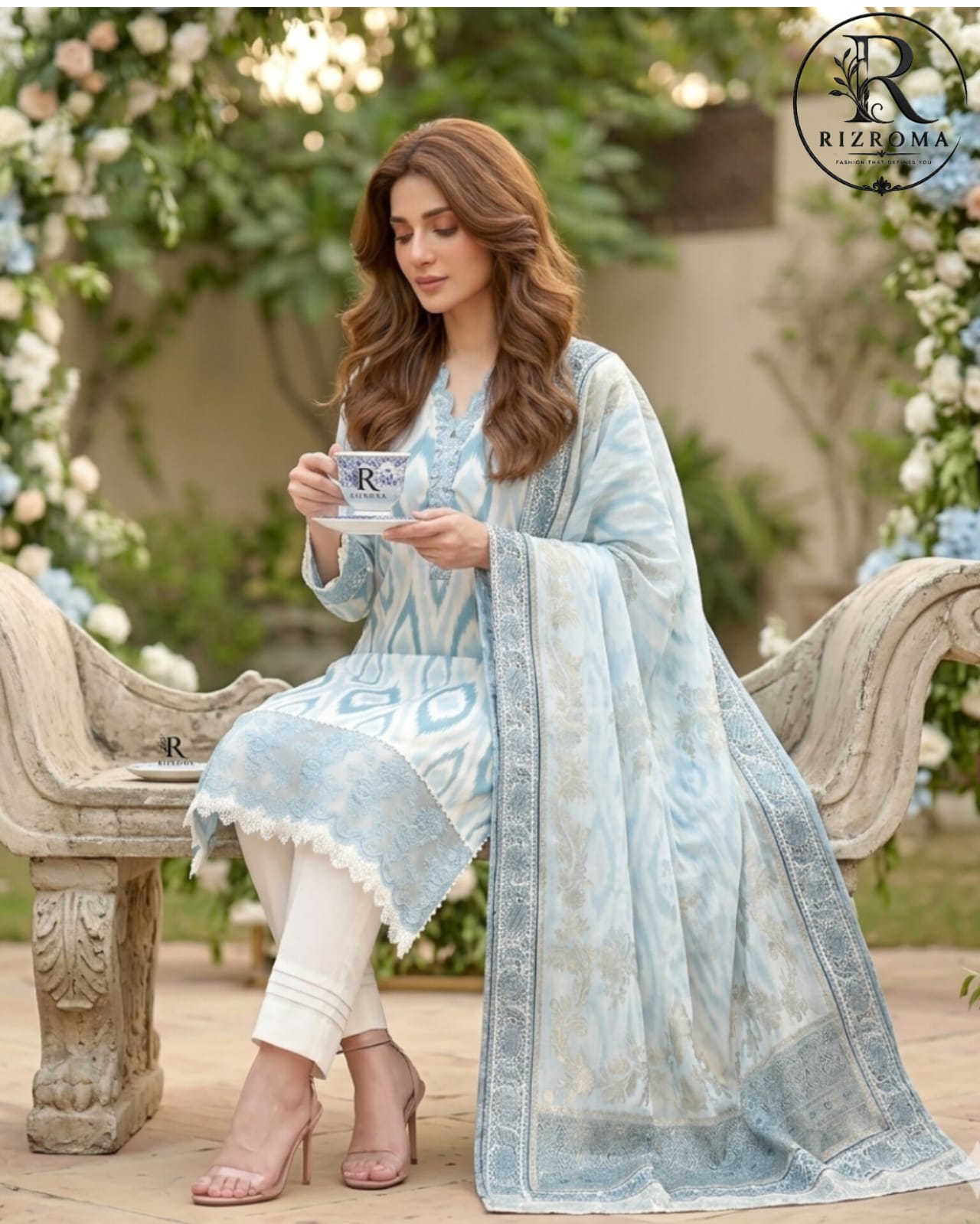 Elegant Sky Blue Printed Unstitched Lawn 3 Piece Suit with Embroidered Neckline &amp; Printed Dupatta | Premium Pakistani Summer Collection