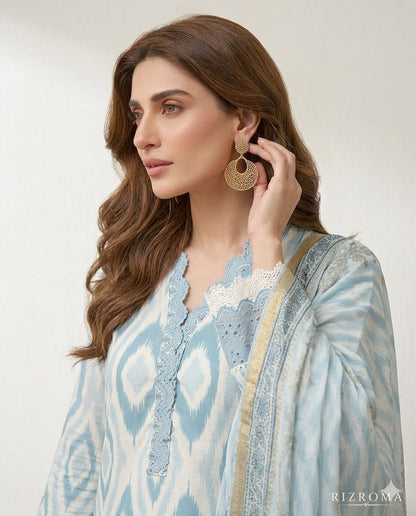 Elegant Sky Blue Printed Unstitched Lawn 3 Piece Suit with Embroidered Neckline &amp; Printed Dupatta | Premium Pakistani Summer Collection