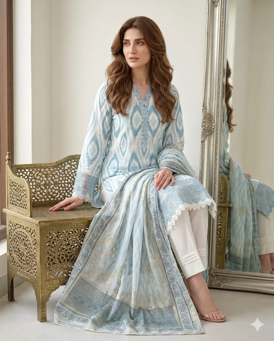 Elegant Sky Blue Printed Unstitched Lawn 3 Piece Suit with Embroidered Neckline &amp; Printed Dupatta | Premium Pakistani Summer Collection