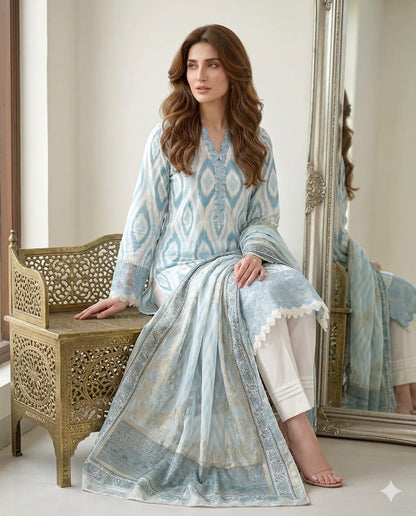 Elegant Sky Blue Printed Unstitched Lawn 3 Piece Suit with Embroidered Neckline &amp; Printed Dupatta | Premium Pakistani Summer Collection