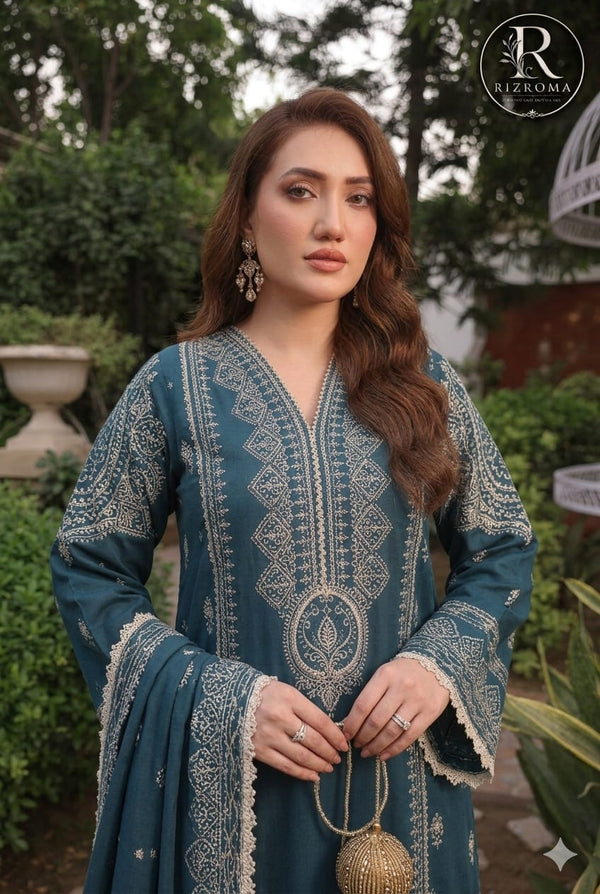 Luxury Teal Embroidered Printed Chiffon Unstitched 3 Piece Suit with Premium Chiffon Dupatta | Pakistani Designer Collection