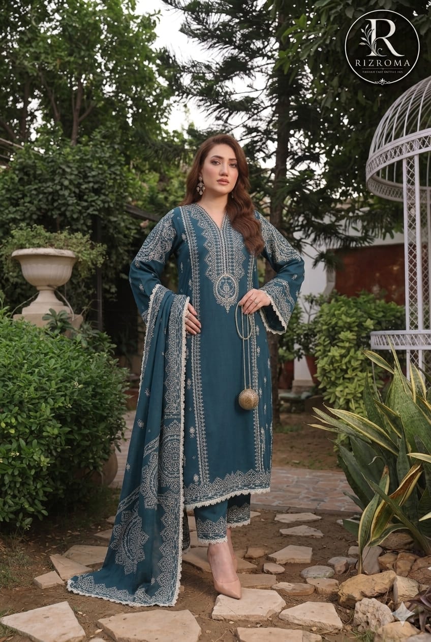 Luxury Teal Embroidered Printed Chiffon Unstitched 3 Piece Suit with Premium Chiffon Dupatta | Pakistani Designer Collection