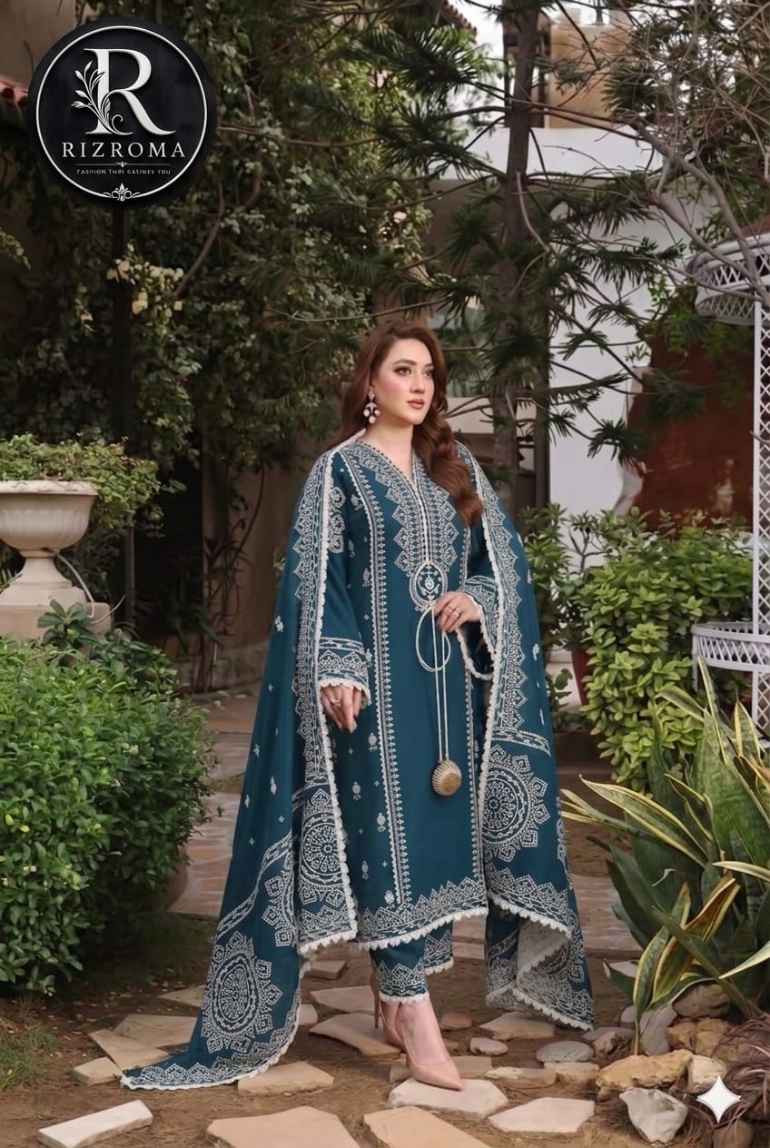 Luxury Teal Embroidered Printed Chiffon Unstitched 3 Piece Suit with Premium Chiffon Dupatta | Pakistani Designer Collection