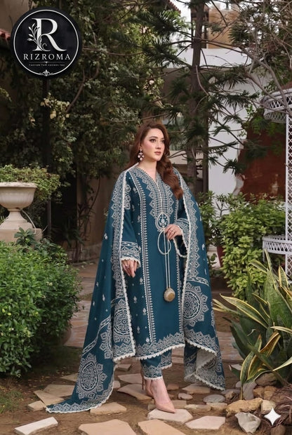 Luxury Teal Embroidered Printed Chiffon Unstitched 3 Piece Suit with Premium Chiffon Dupatta | Pakistani Designer Collection