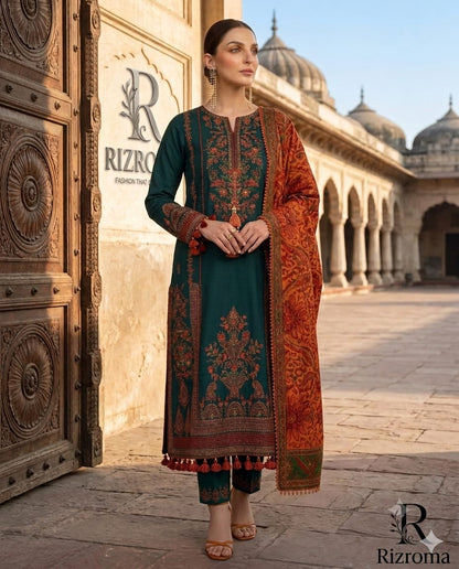 Luxury Teal Embroidered Unstitched 3 Piece Lawn Suit with Premium Rust Printed Dupatta | Pakistani Designer Summer Collection
