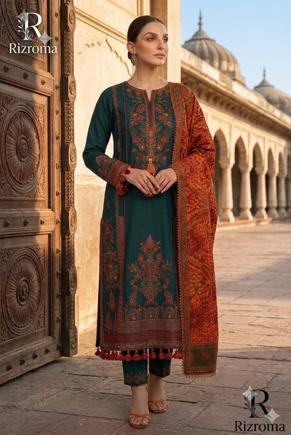Luxury Teal Embroidered Unstitched 3 Piece Lawn Suit with Premium Rust Printed Dupatta | Pakistani Designer Summer Collection