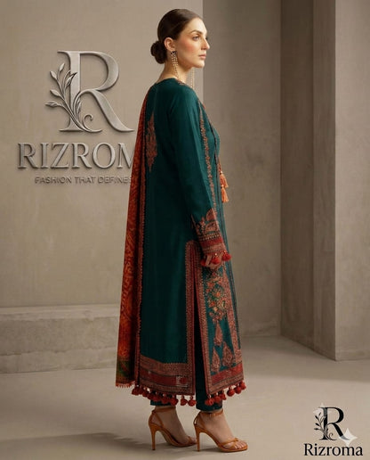 Luxury Teal Embroidered Unstitched 3 Piece Lawn Suit with Premium Rust Printed Dupatta | Pakistani Designer Summer Collection