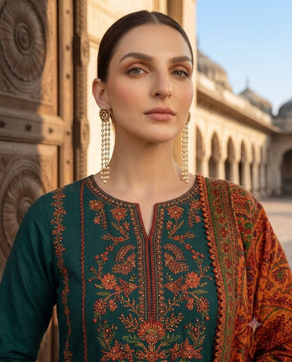 Luxury Teal Embroidered Unstitched 3 Piece Lawn Suit with Premium Rust Printed Dupatta | Pakistani Designer Summer Collection