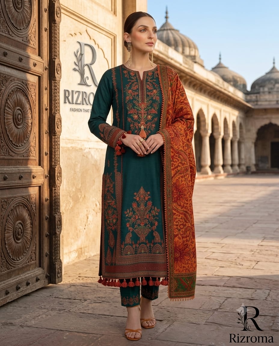Luxury Teal Embroidered Unstitched 3 Piece Lawn Suit with Premium Rust Printed Dupatta | Pakistani Designer Summer Collection