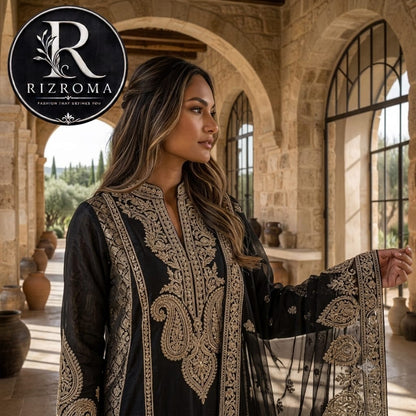 👗 Luxury Black Embroidered Unstitched Chiffon 3 Piece Suit with Premium Printed Dupatta | Pakistani Designer Party Wear ✨