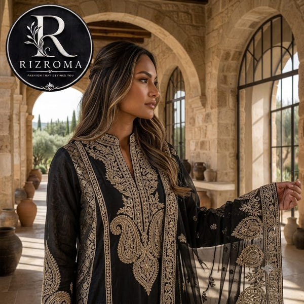 👗 Luxury Black Embroidered Unstitched Chiffon 3 Piece Suit with Premium Printed Dupatta | Pakistani Designer Party Wear ✨