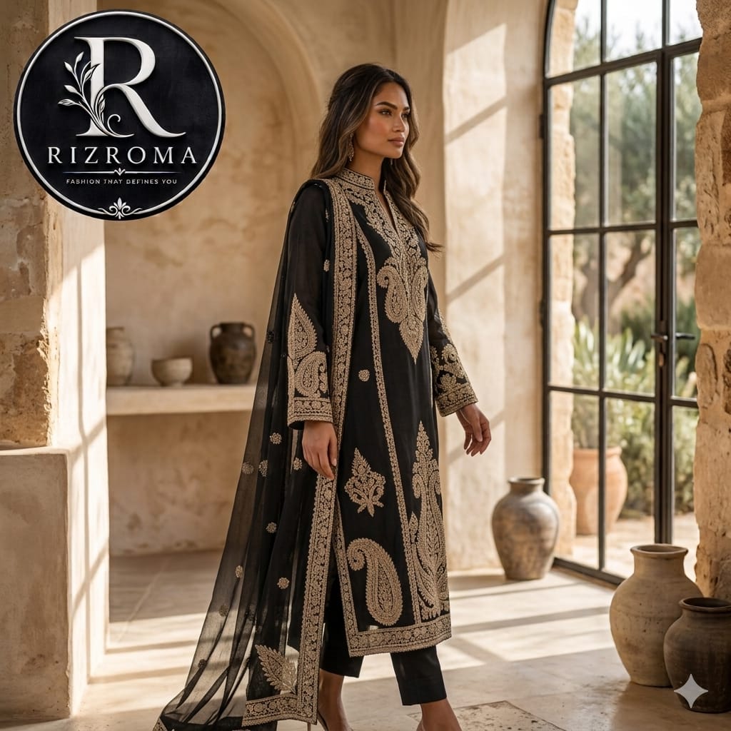 👗 Luxury Black Embroidered Unstitched Chiffon 3 Piece Suit with Premium Printed Dupatta | Pakistani Designer Party Wear ✨