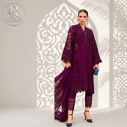 Premium Cotton Embroidered 3PC Suit with Organza Dupatta & 3D Floral Work