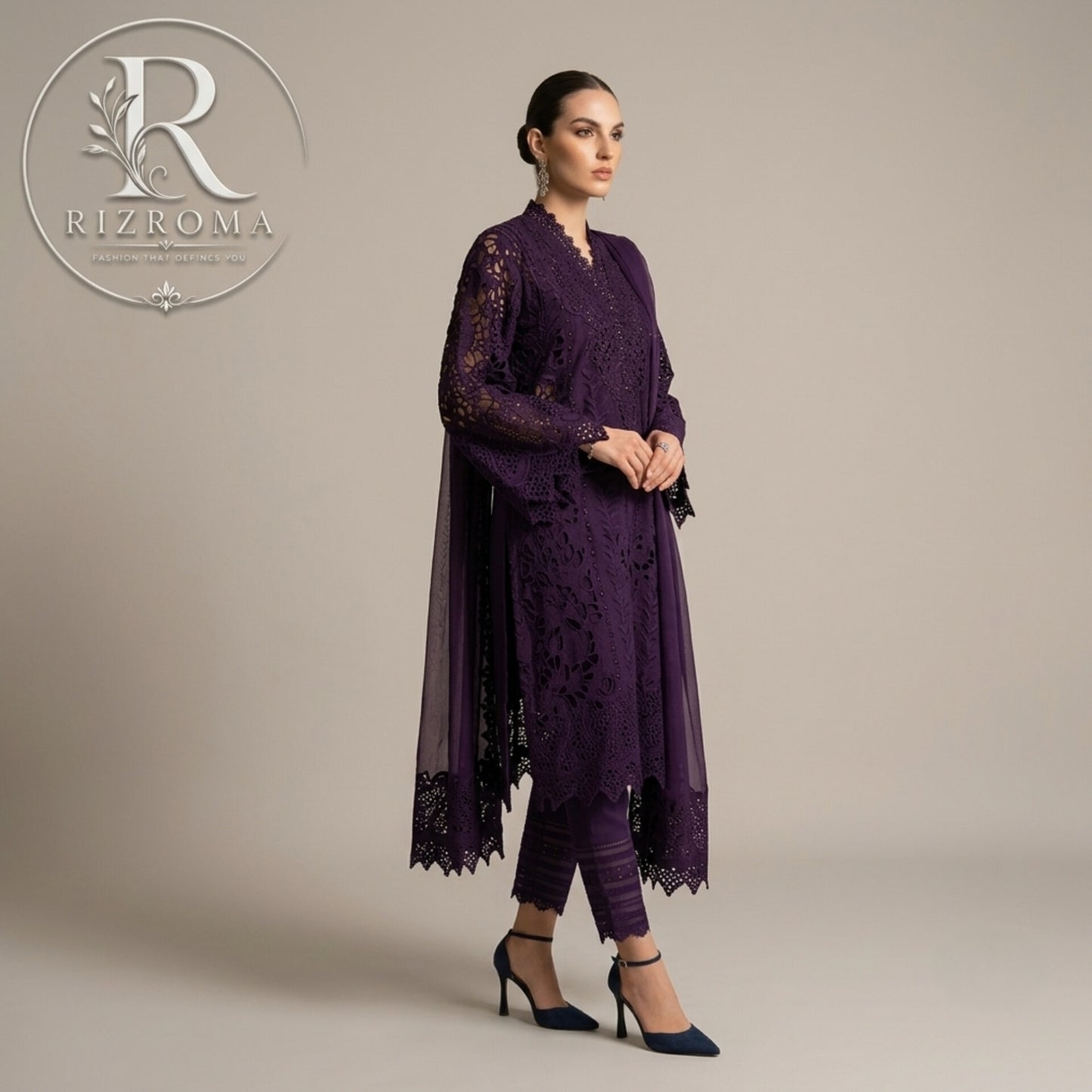 Premium Cotton Embroidered 3PC Suit with Organza Dupatta & 3D Floral Work