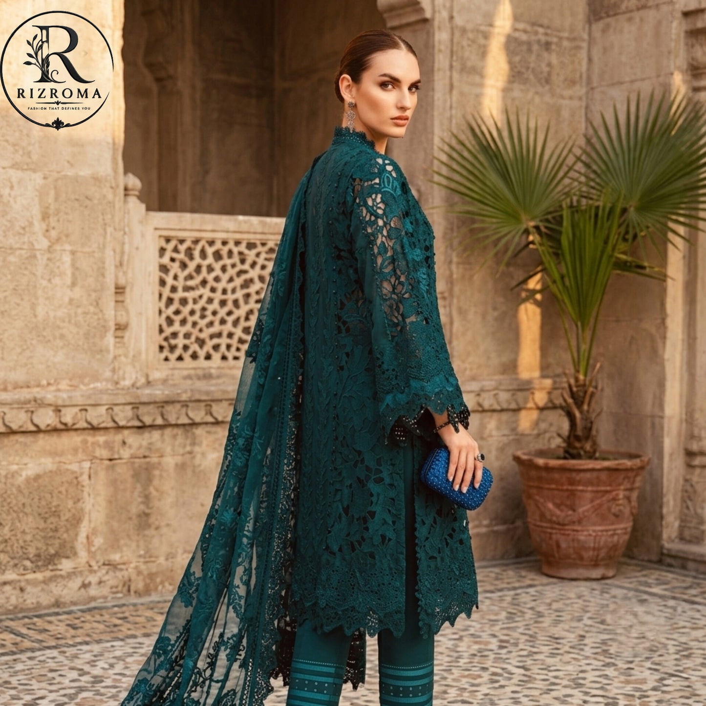 Premium Cotton Embroidered 3PC Suit with Organza Dupatta & 3D Floral Work