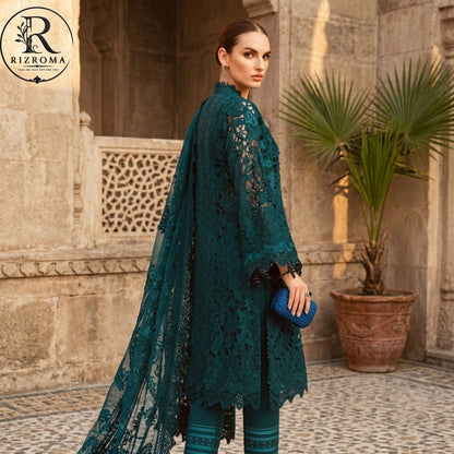 Premium Cotton Embroidered 3PC Suit with Organza Dupatta & 3D Floral Work