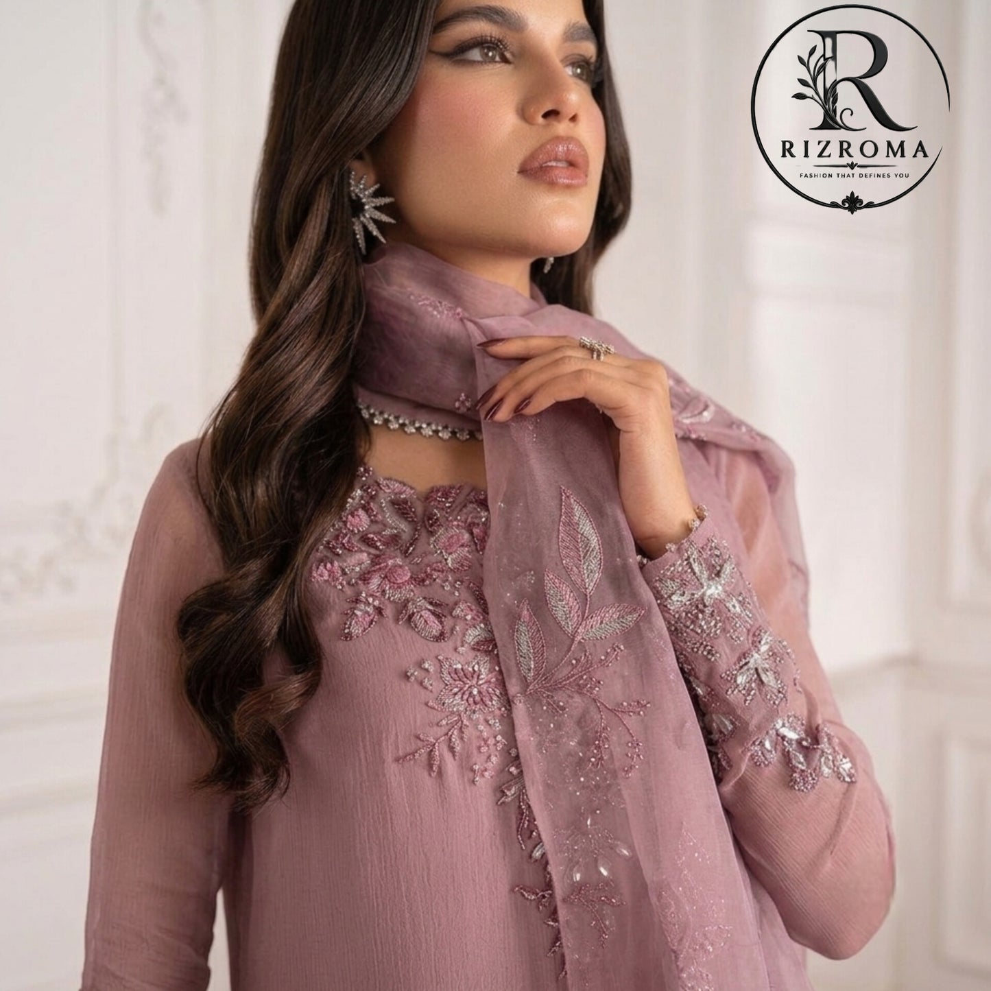 Luxury Embroidered Chiffon 3PC Suit with Organza Dupatta & Malai Trouser