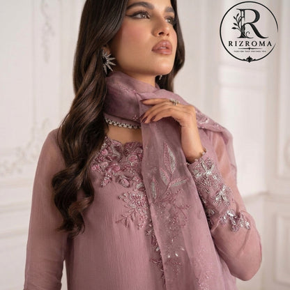 Luxury Embroidered Chiffon 3PC Suit with Organza Dupatta & Malai Trouser