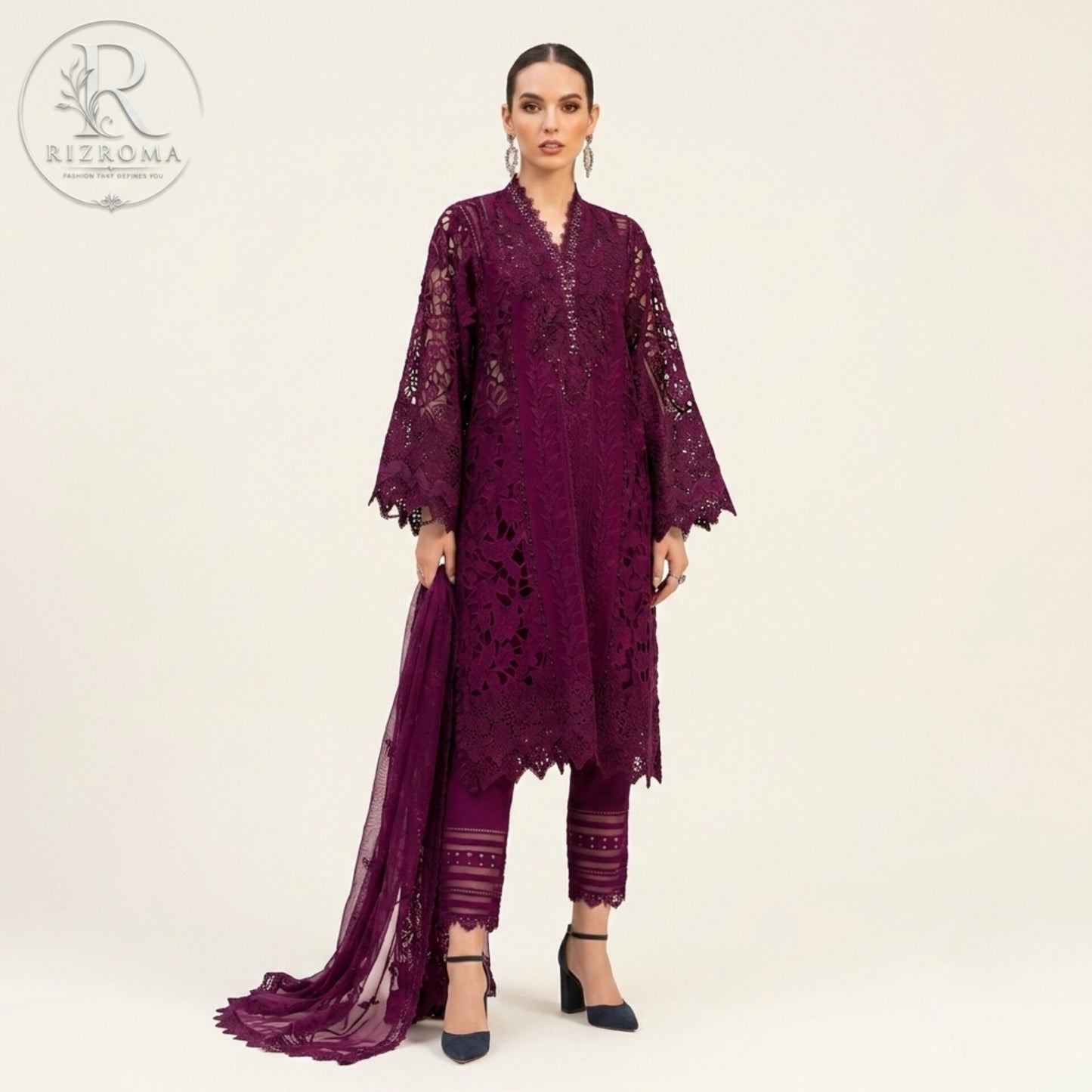 Premium Cotton Embroidered 3PC Suit with Organza Dupatta & 3D Floral Work