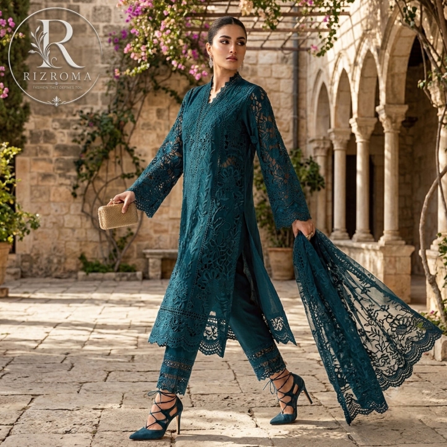 Premium Cotton Embroidered 3PC Suit with Organza Dupatta & 3D Floral Work