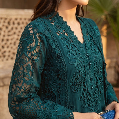 Premium Cotton Embroidered 3PC Suit with Organza Dupatta & 3D Floral Work