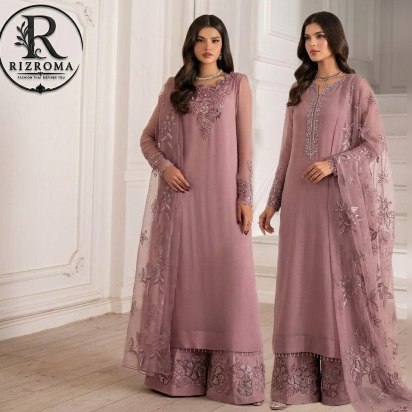 Luxury Embroidered Chiffon 3PC Suit with Organza Dupatta & Malai Trouser