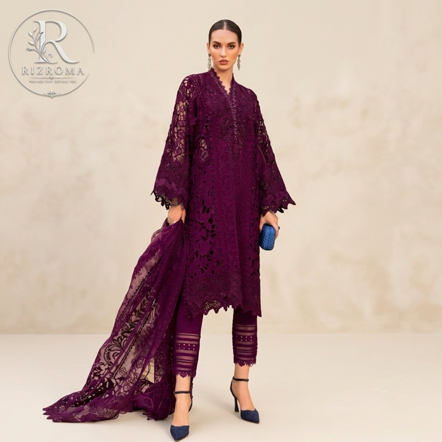 Premium Cotton Embroidered 3PC Suit with Organza Dupatta & 3D Floral Work