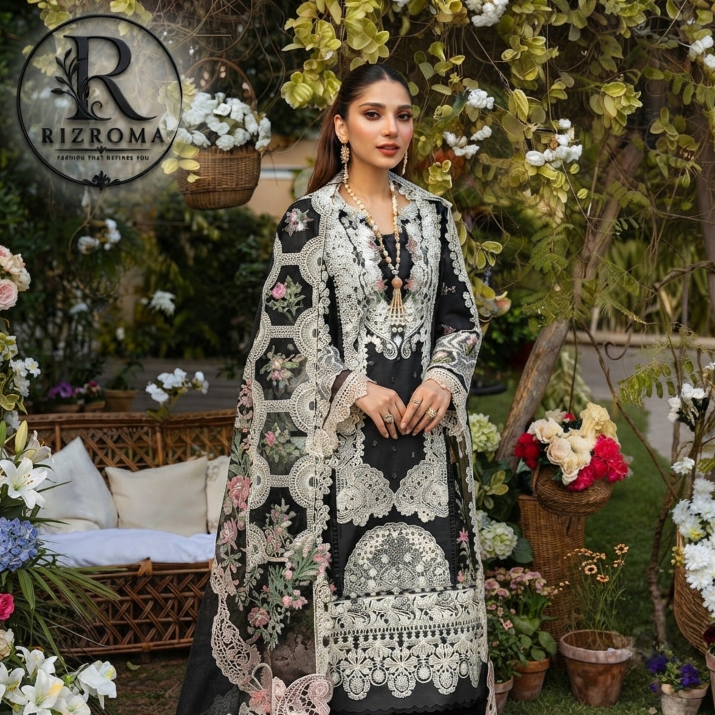 ELAF Chikankari Lawn 3PC Suit Heavy Embroidered with Khaddi Net Dupatta