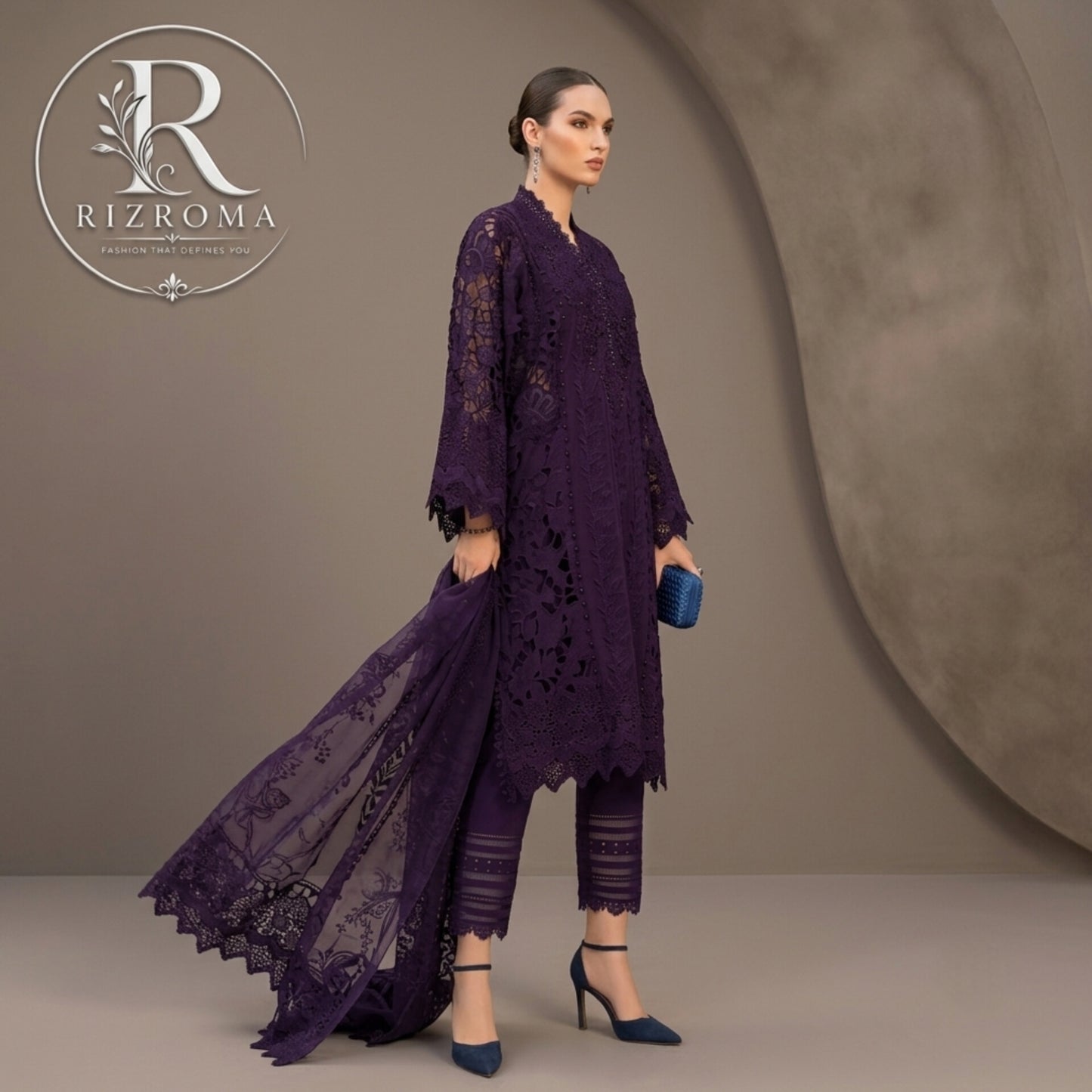 Premium Cotton Embroidered 3PC Suit with Organza Dupatta & 3D Floral Work