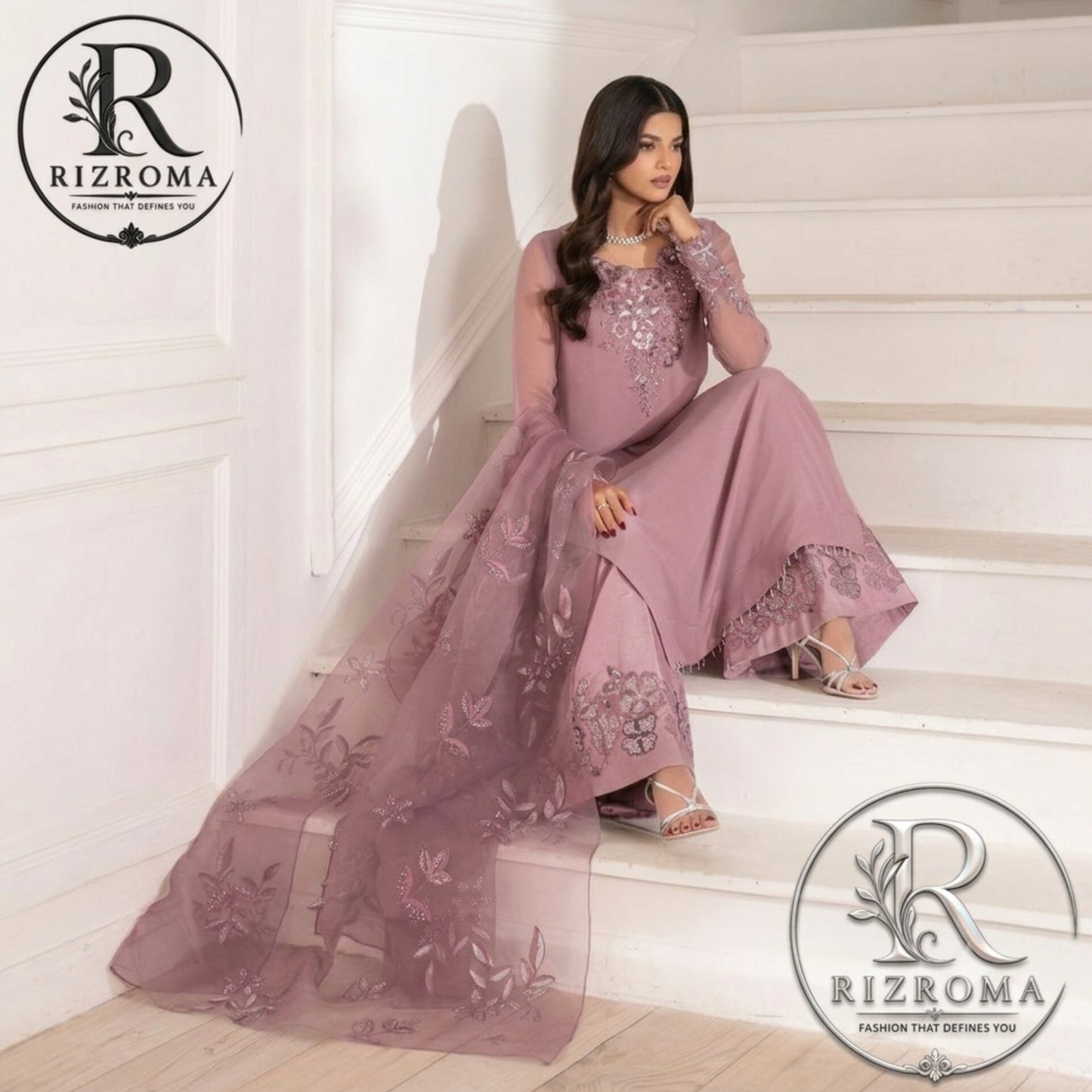 Luxury Embroidered Chiffon 3PC Suit with Organza Dupatta & Malai Trouser