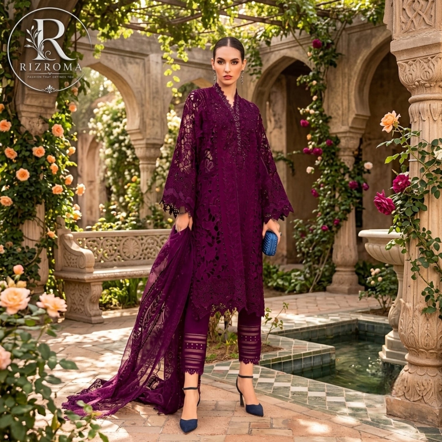 Premium Cotton Embroidered 3PC Suit with Organza Dupatta & 3D Floral Work