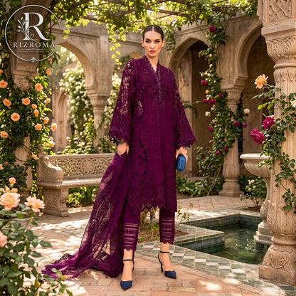 Premium Cotton Embroidered 3PC Suit with Organza Dupatta & 3D Floral Work