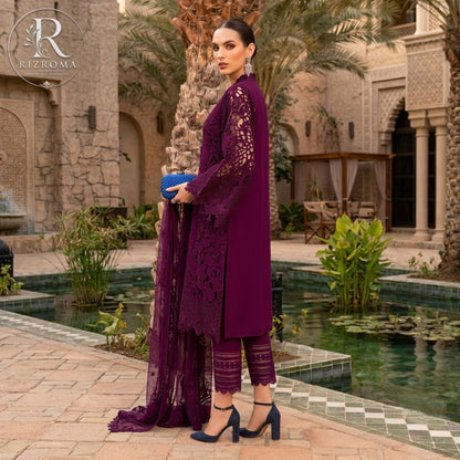 Premium Cotton Embroidered 3PC Suit with Organza Dupatta & 3D Floral Work