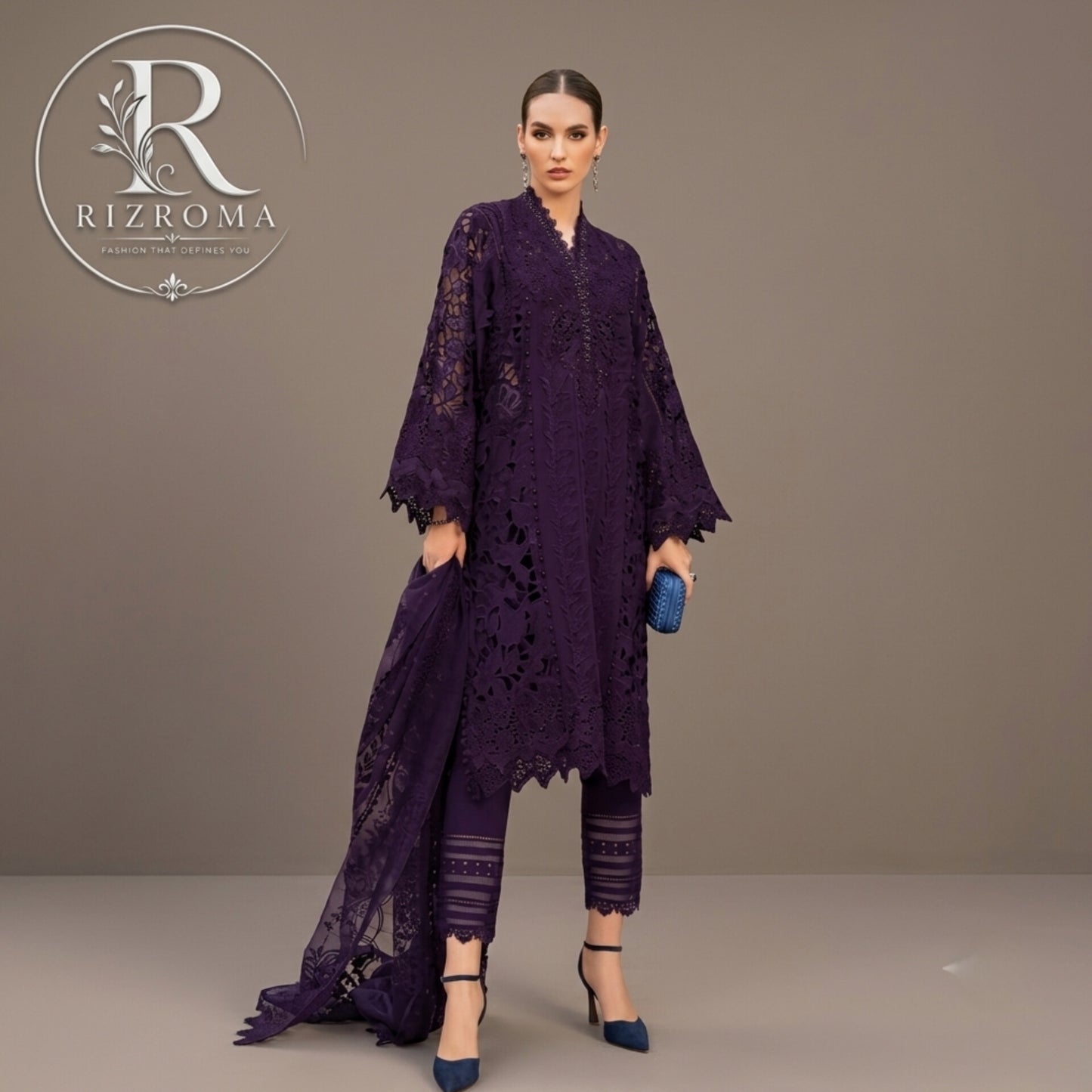Premium Cotton Embroidered 3PC Suit with Organza Dupatta & 3D Floral Work