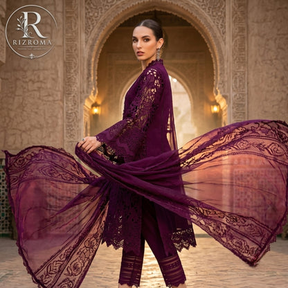 Premium Cotton Embroidered 3PC Suit with Organza Dupatta & 3D Floral Work