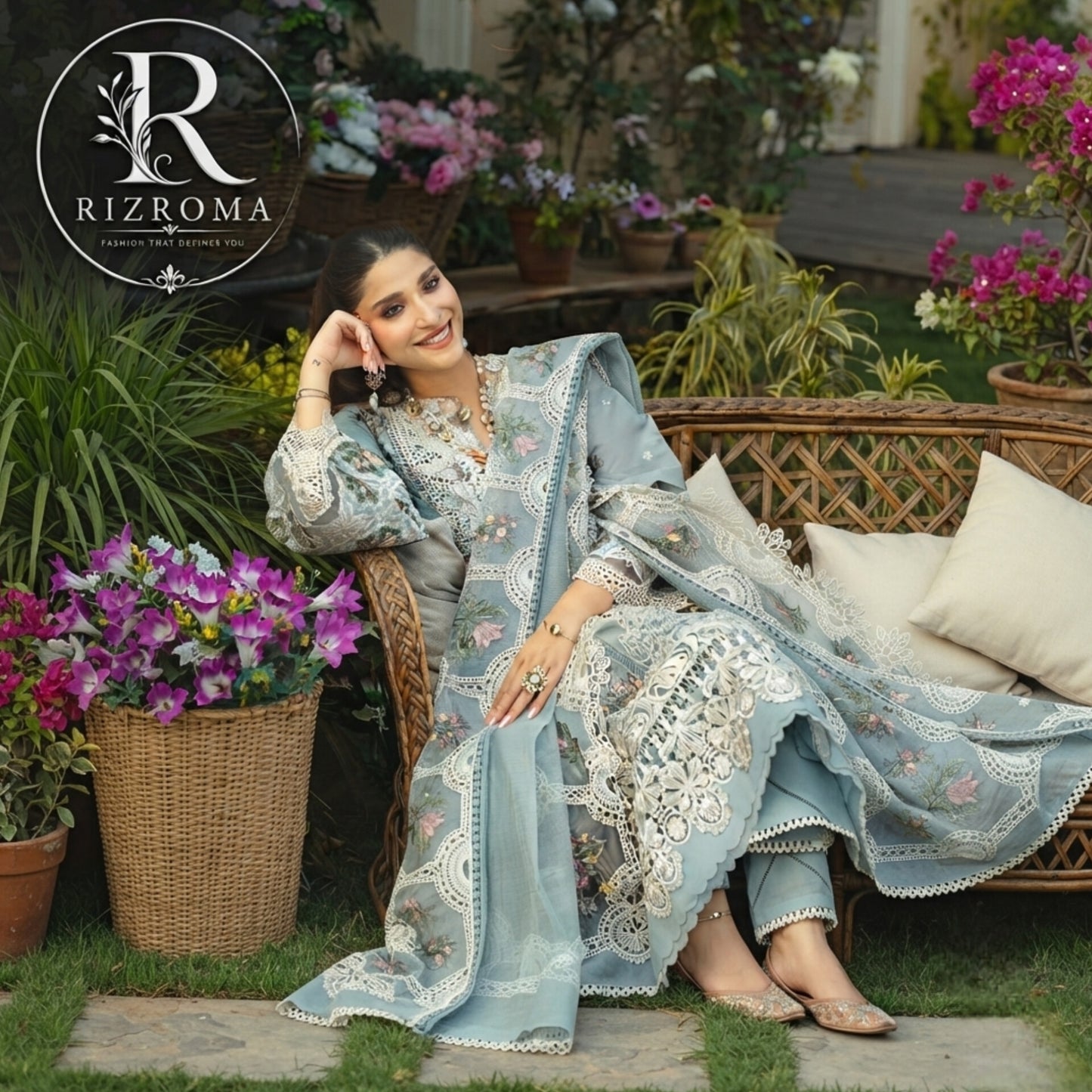 ELAF Chikankari Lawn 3PC Suit Heavy Embroidered with Khaddi Net Dupatta