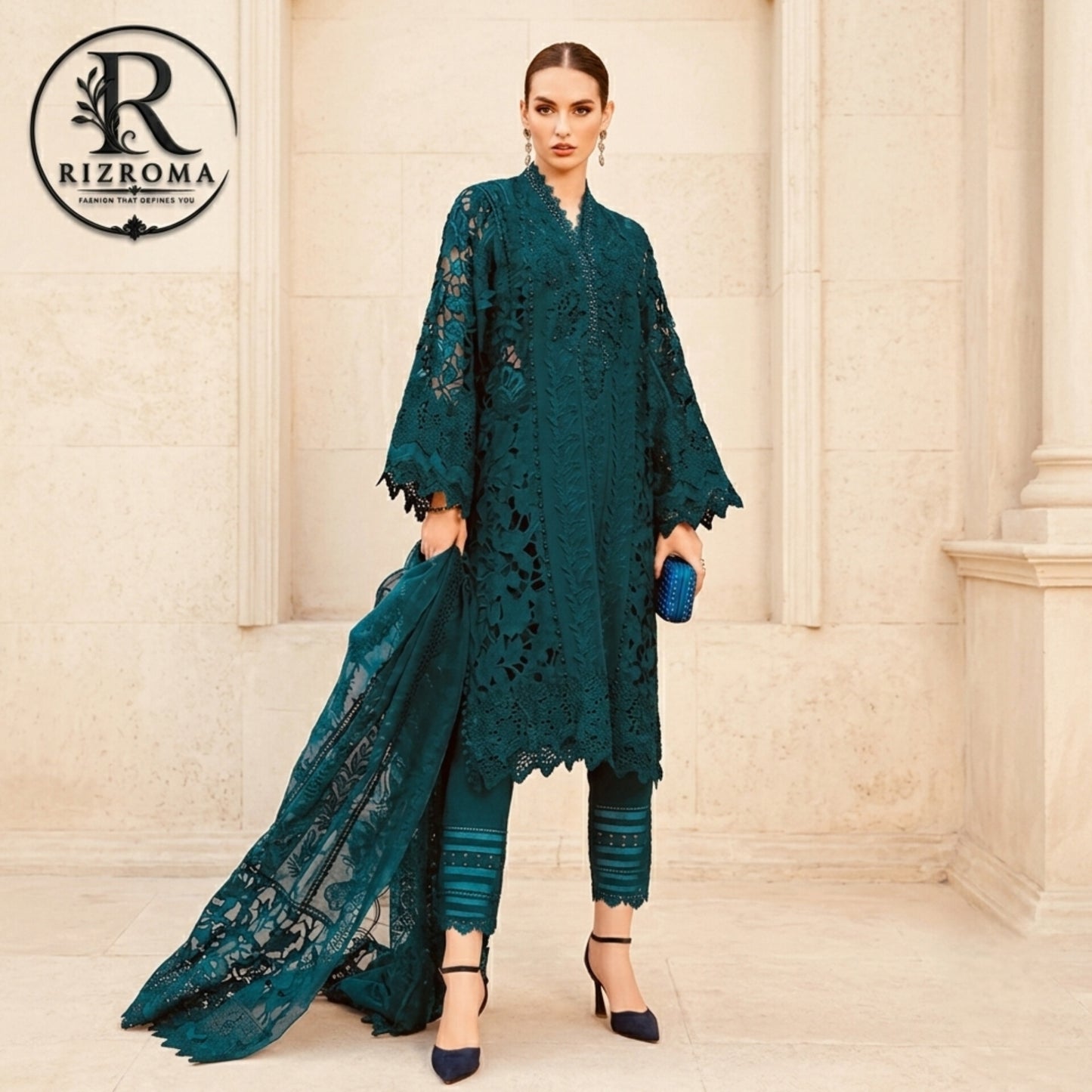 Premium Cotton Embroidered 3PC Suit with Organza Dupatta & 3D Floral Work