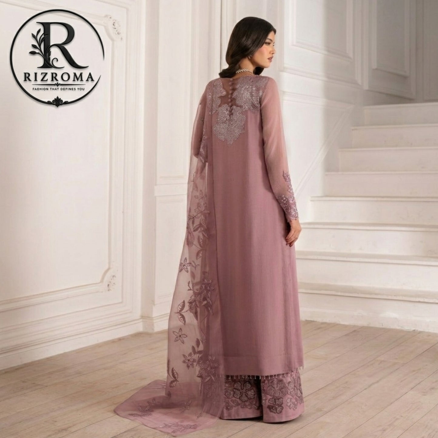 Luxury Embroidered Chiffon 3PC Suit with Organza Dupatta & Malai Trouser
