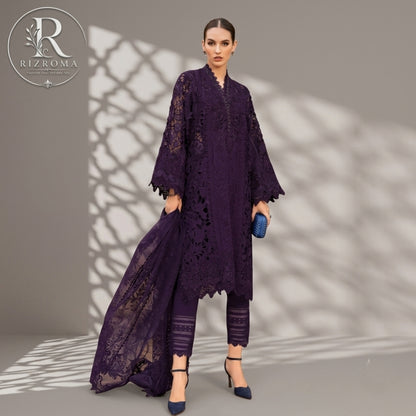 Premium Cotton Embroidered 3PC Suit with Organza Dupatta & 3D Floral Work