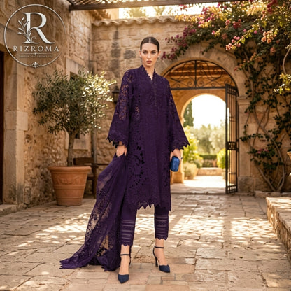 Premium Cotton Embroidered 3PC Suit with Organza Dupatta & 3D Floral Work